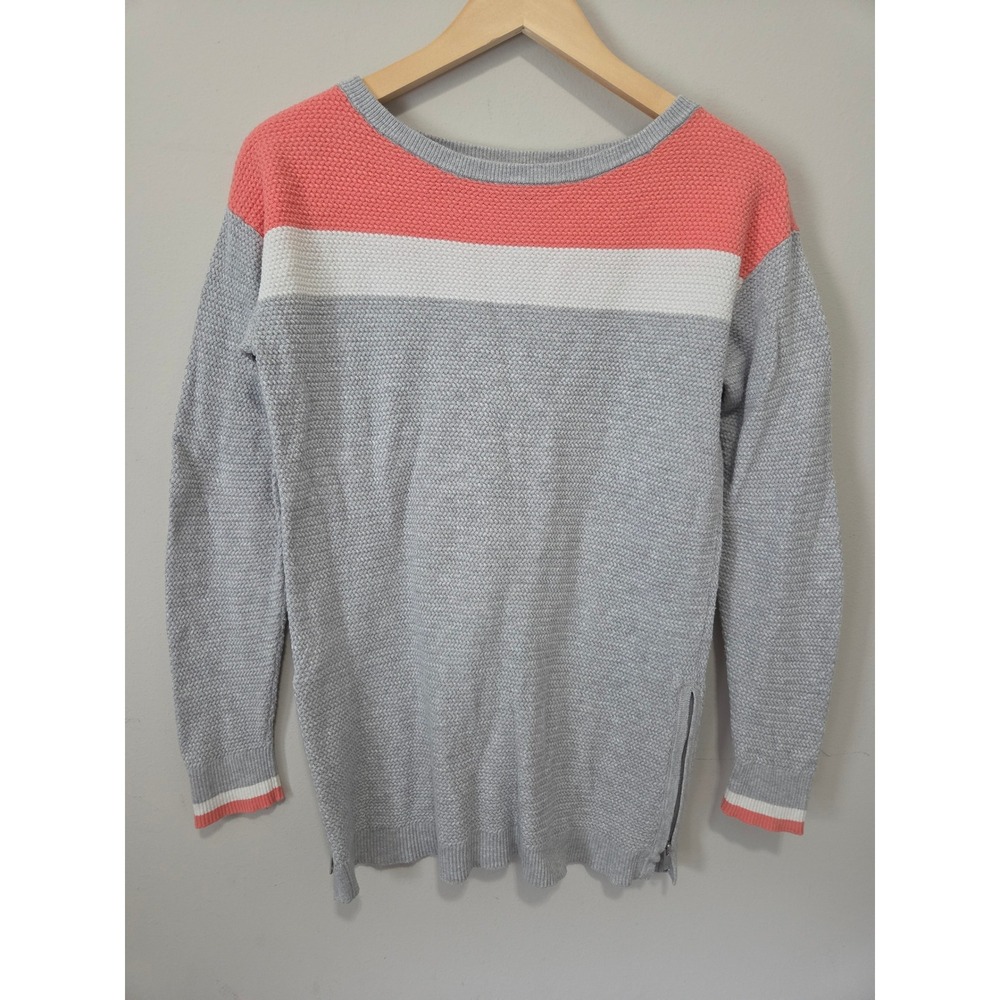 T by Talbots Womens Gray Coral Colorblock Seed Stitch Side Zip Sweater Small